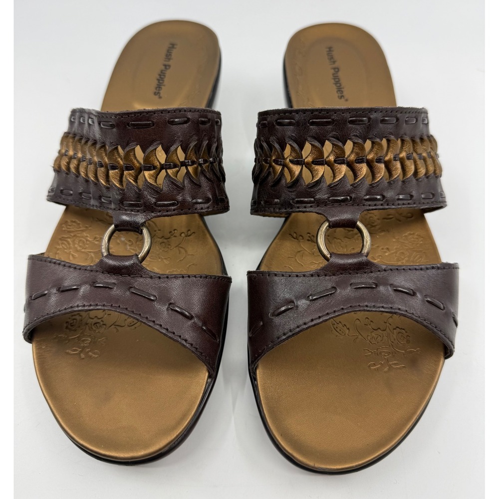 Hush Puppies Knotted Dark Brown Leather‎ Wedge Slide Sandals H503083 Womens 8M